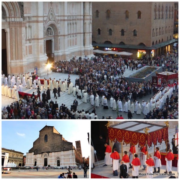 Church of San Petronio at bottom left and pictures of the procession.