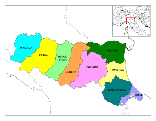 map of 9 Provinces of Emilia Romagna (Credit: Wikipedia)